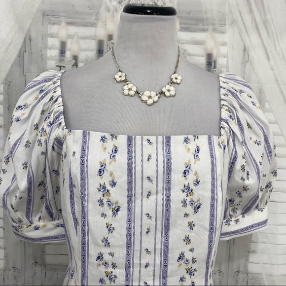 Antonio Melani Size 14 Square Neck Linen Floral Striped Blouse White Blue Boxy - Picture 3 of 9